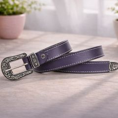Unisex Premium Purple Genuine Leather Belt Vintage Engraved Silver Buckle