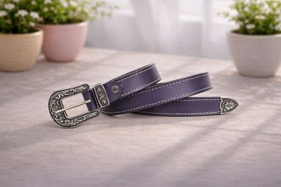 Unisex Premium Purple Genuine Leather Belt Vintage Engraved Silver Buckle