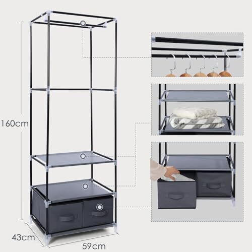 Portable Wardrobe Single Canvas Wardrobe Clothes Storage Organizer with 2 Drawers and Hanging Rail Foldable Closet for Clothes, Bags, Toys, Shoes, Living Room, Bedroom 160 x 59 x 43CM (Grey)