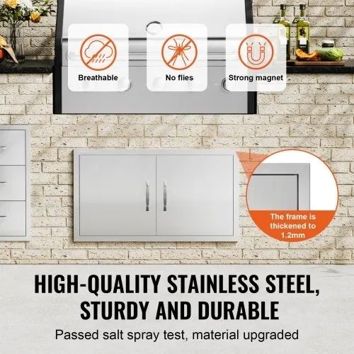 BBQ Access Door, 863x482 mm Double Outdoor Kitchen Door, Stainless Steel Flush Mount Door, Wall Vertical Door with Handles