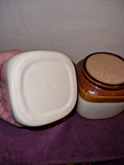 Vintage pair of brown & white jars with cork lid