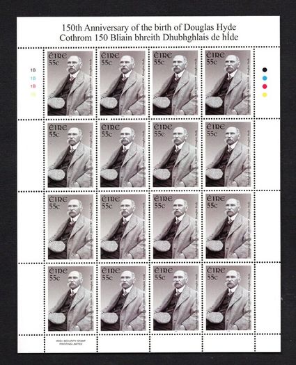 2010 Ireland 150th Anniversary of the Birth of Douglas Hyde (President of Ireland 1938-45) Commemorative Stamp Sheetlet Plate 1B1B1B1B Mint Never Hinged (MNH)