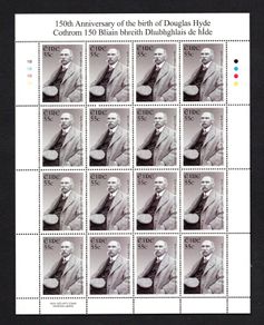 2010 Ireland 150th Anniversary of the Birth of Douglas Hyde (President of Ireland 1938-45) Commemorative Stamp Sheetlet Plate 1B1B1B1B Mint Never Hinged (MNH)