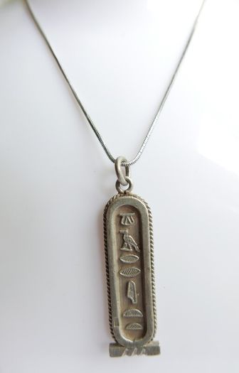 Vintage 925 Sterling Silver Egyptian Cartouche Design Charm pendant Hallmarked, and chain L 16" - 14,83g