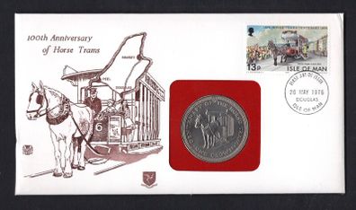1976 Isle of Man 100th Anniversary of Horse Trams Philatelic Numismatic Cover (PNC) with 13p commentative stamp and on 1 crown coin