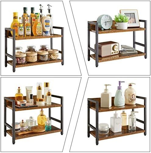2-Tier Spice Rack Industrial Counter Shelf Desktop Storage Organizer Standing Seasoning Rack for Countertop Kitchen Office Living Room Desktop Rustic Brown