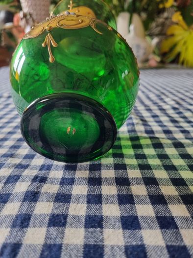 Vintage Bohemian Glass Czech Green Gold Vase