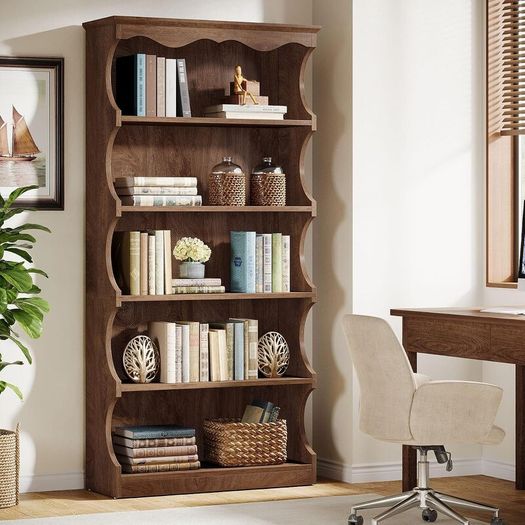 Vintage Wood Look Bookcase 178 cm, 6-Tier Curved Open Standing Shelf as Room Divider