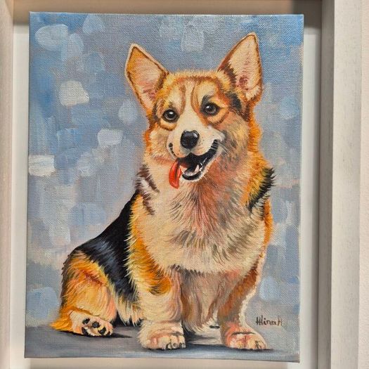 Happy Corgi - oil painting - framed
