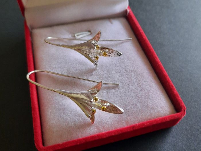Fuchsia Flower Earrings Silver and Gold Tone Floral Drops Dangle Earrings