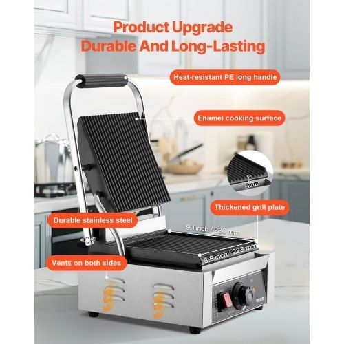 Commercial Panini Grill, 1800W Electric Sandwich Panini Maker, Stainless Steel Sandwichs Press Grill with Handle and Temp Control, 22x23 cm