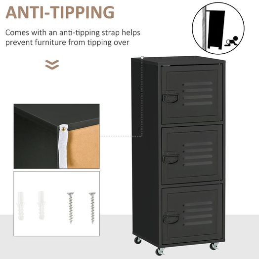 Vertical Rolling Storage Cabinet 3-Tier Mobile File Cabinet on Wheels Metal Doors