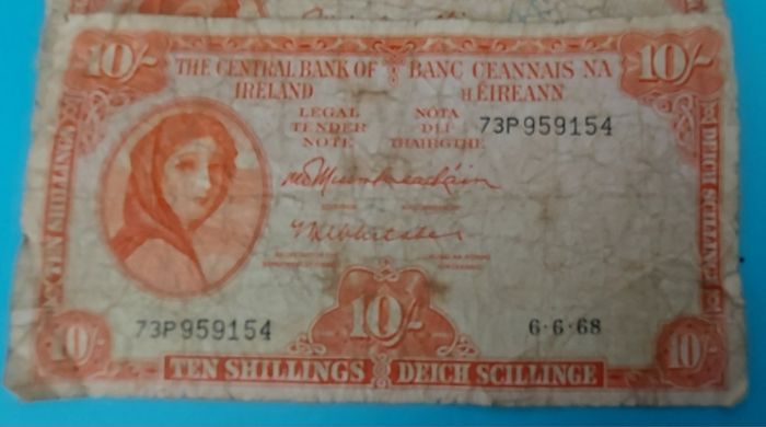 Irish 1966 &68 X 5 Lavery ten shilling banknote in used condition