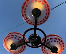 Vintage 1960s Mid-Century Three-Arm Chandelier Red and White Geometric Glass