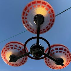 Vintage 1960s Mid-Century Three-Arm Chandelier Red and White Geometric Glass
