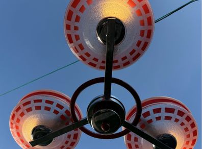 Vintage 1960s Mid-Century Three-Arm Chandelier Red and White Geometric Glass