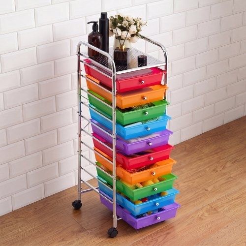 Rolling Cart with Drawers, 10 Drawer Storage Organizer, Mobile Utility Cart with Steel Frame, Universal Casters & 2 Brakes, Great for Office, Classroom, Craft Tools, Garage, Studio, Rainbow