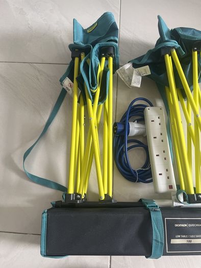 2 camping chairs 1 camping table and 1 power cord extension 5M for camping plug.