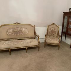 Louis XVI-style gilt settee and armchair, tapestry upholstery