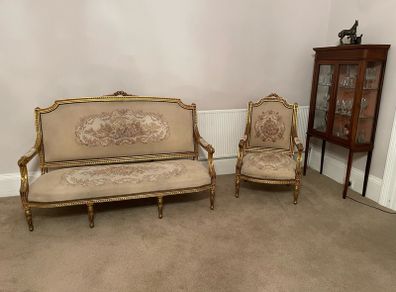 Louis XVI-style gilt settee and armchair, tapestry upholstery