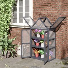 Cold Frame Mini Greenhouse 3 Levels Greenhouse Plant Bed with Opening Roof Double Doors Made of Wood Polycarbonate Weatherproof Gray 70.5 x 42 x 132 cm