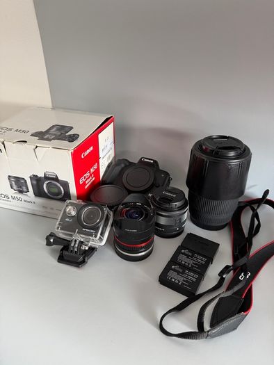 Canon EOS M50 Mark II + 15-45mm + Sigma 70-300mm + Fisheye + Batteries + Viltrox adapter + Apex 4K Camera