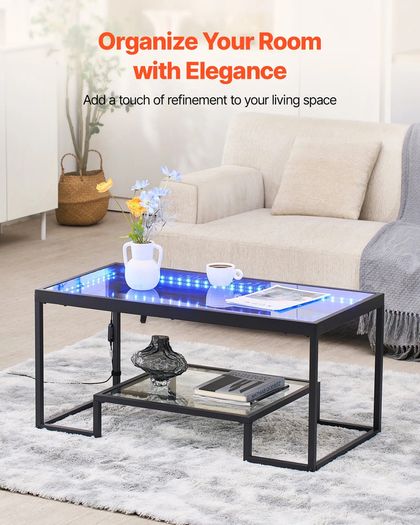 Coffee Table, Modern Tempered Glass Coffee Table with Lighting, 2 Tiers Rectangle Glass Center Desk with Open Storage, Minimalist Metal Accent End Desk for Living Room, Office, Easy Assembly