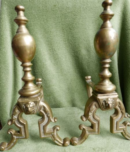 Antique Victorian Brass Fire Side Dogs - Lion Head Brass Fire Dogs