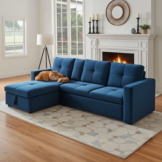 Blue Corner Sofa Bed Storage,215cm