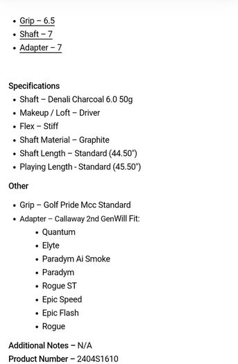 Project X Denali Charcoal 6.0 50g Stiff Driver Shaft / Callaway 2nd Gen