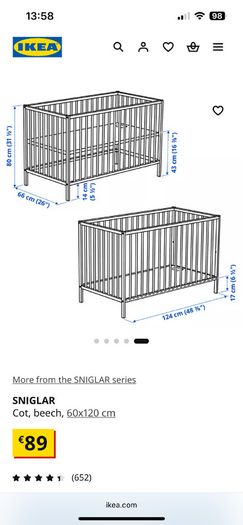 IKEA Cot. 120cm x60cm.  Baby Infant cot bed