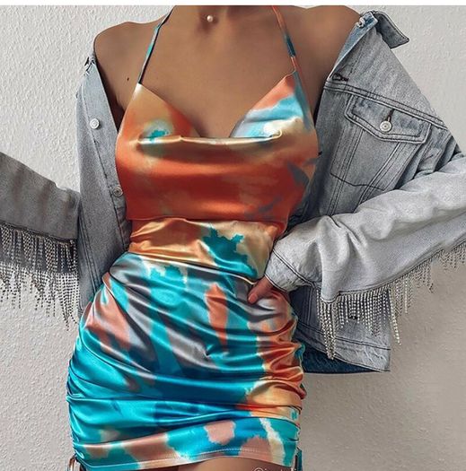 Tie dye satin ruched dress