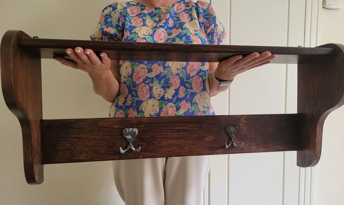 Antique Oak Wall Shelf with Brass Hooks Irish Made