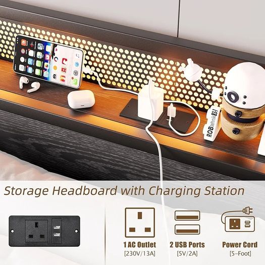 King Size Bed Frame with Storage,LED Lights,5ft Metal Bed Frame Kingsize Bed Frame with Charging Station,Mattress Foundation,Strong Steel Slats Support,Noise Free,Black
