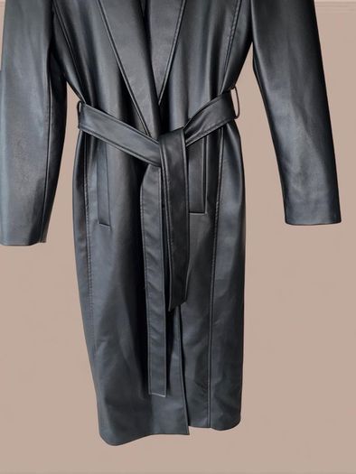 Zara Size S black faux leather Long trench coat with belt