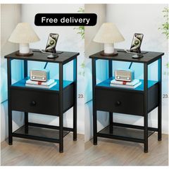 Bedside Table with Charging Station, Small Sofa Side Table with LED Light