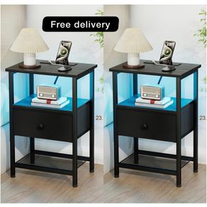 Bedside Table with Charging Station, Small Sofa Side Table with LED Light