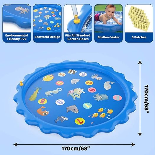 Splash Pad, Sprinkler & Splash Play Mat for Toddlers, Inflatable Outdoor Party Sprinkler Pad Wading Pool with 5 Patches for Kids (FREE POSTAGE)