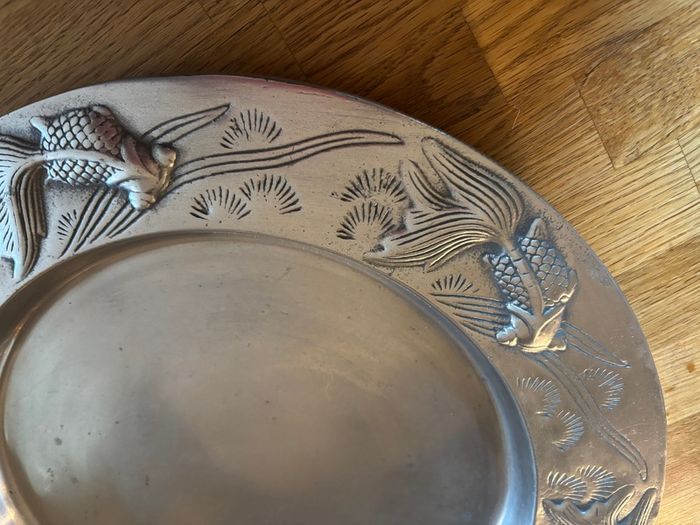 Large Decorative Pewter Dish with Koi Fish Engraving