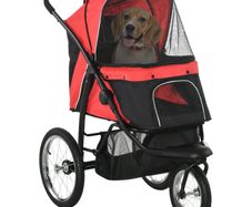 Foldable Pet Stroller with Three Wheels, for Small, Medium Dogs, Red