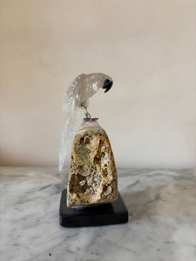 Clear Quartz Parrot on Deep Purple Amethyst Geode Base