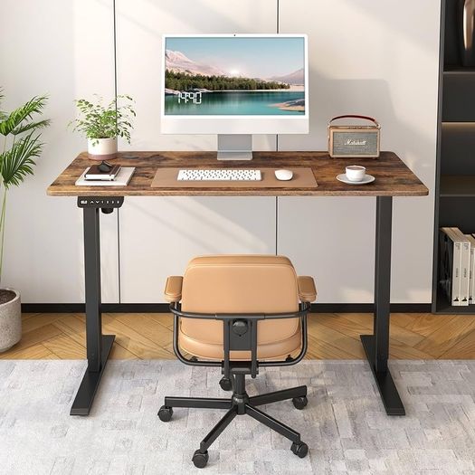 Electric Standing Desk Height Adjustable 120 x 60cm Sit to Stand Desk Stand up Desk Computer Work Desk for Home Office Black Frame/Rustic Brown Table Top