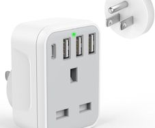 UK to US Plug Travel Adapter, USA Travel Adapter with 4 USB Ports (1 USB C Fast Charger) American to UK Plug Adapter for US Canada Mexico Thailand and More(Type B)