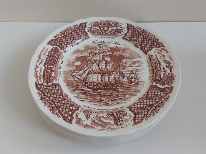 Fabulous Vintage 35 Piece Brown and White Fair Winds, Historical Scenes of Chinese Export to America Dinner Service by Alfred Meakin, Staffordshire