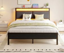 5 King Bed Frame, 150x200cm Metal Platform Upholstered Bed Frame with Storage Headboard, Heavy Duty Metal Bed Double Size with LED Lights and Charging Station,Mattress Foundation (Black)