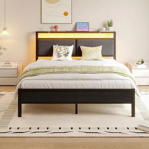 5 King Bed Frame, 150x200cm Metal Platform Upholstered Bed Frame with Storage Headboard, Heavy Duty Metal Bed Double Size with LED Lights and Charging Station,Mattress Foundation (Black)