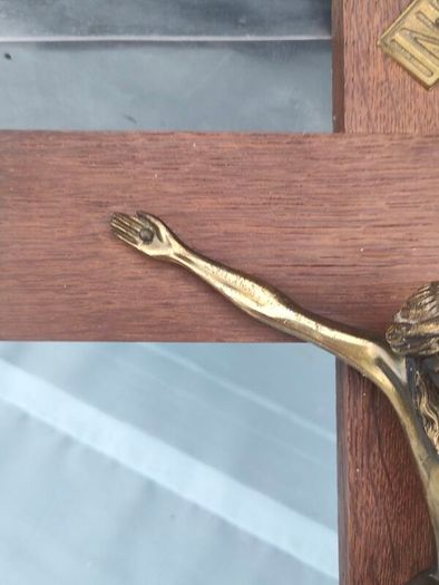 16" Mid Century Brass Christ on Mahogany cross