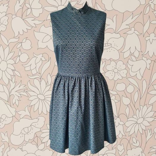 Topshop Boutique vintage retro peacock blue antique gold fit and flare mini dress formal S M 10