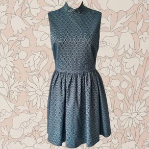 Topshop Boutique vintage retro peacock blue antique gold fit and flare mini dress formal S M 10