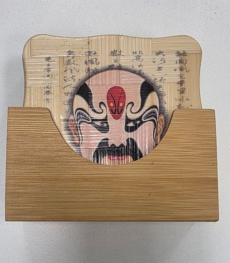Vintage Chinese Opera Mask Bamboo Coasters Set of 6 with matching wood holder